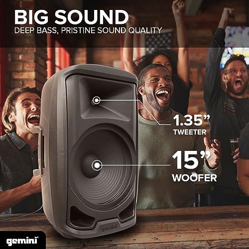 Gemini Sound 15-inch Bluetooth PA speaker in black with LED lights, 2000W power, and frequency range 40Hz-20kHz.