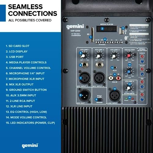 Gemini Sound GSP-2200 high-power Bluetooth PA speaker with black finish and built-in amplifier
