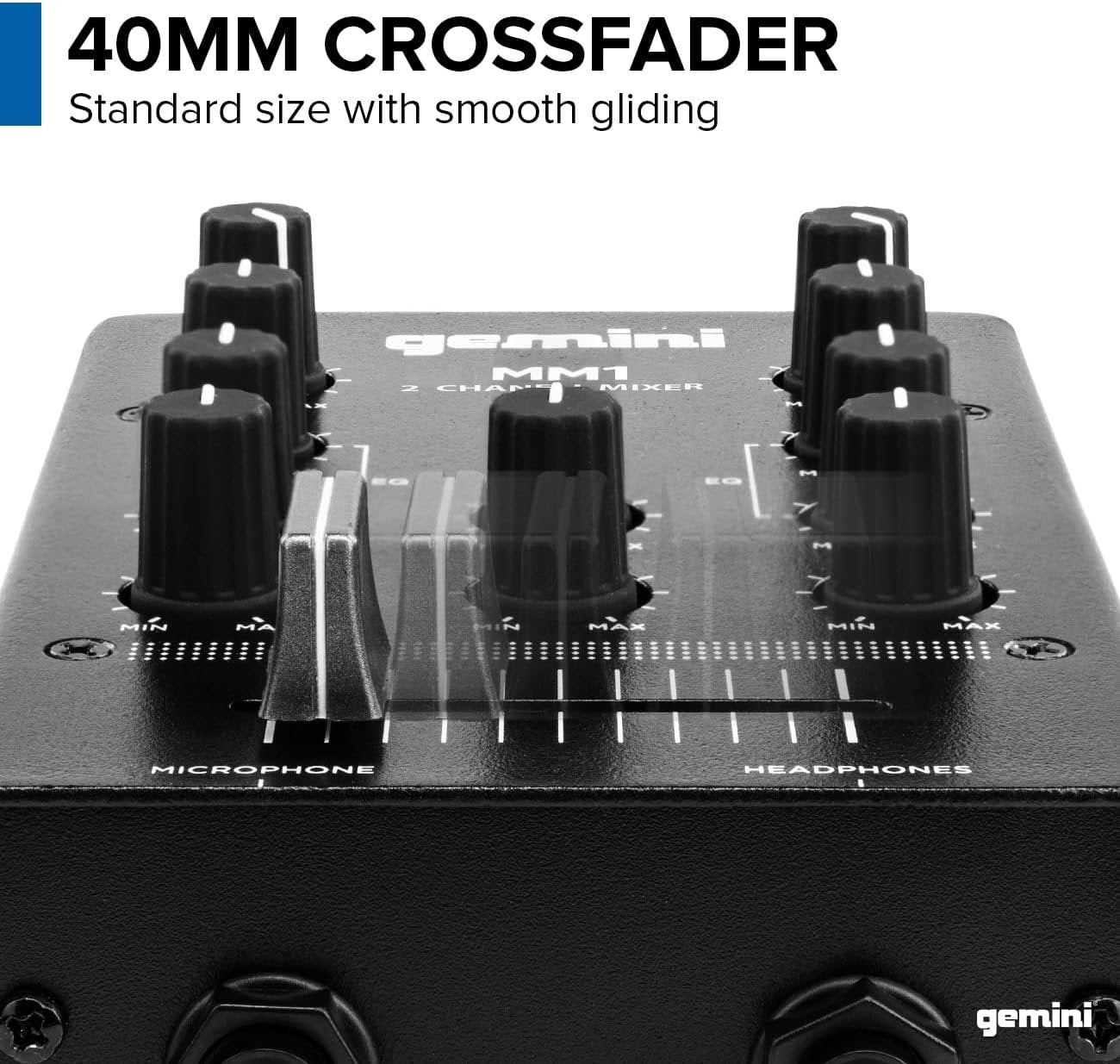 Gemini Sound MM1 portable metal 2-channel DJ mixer with audio-routing features, compact design for beginners