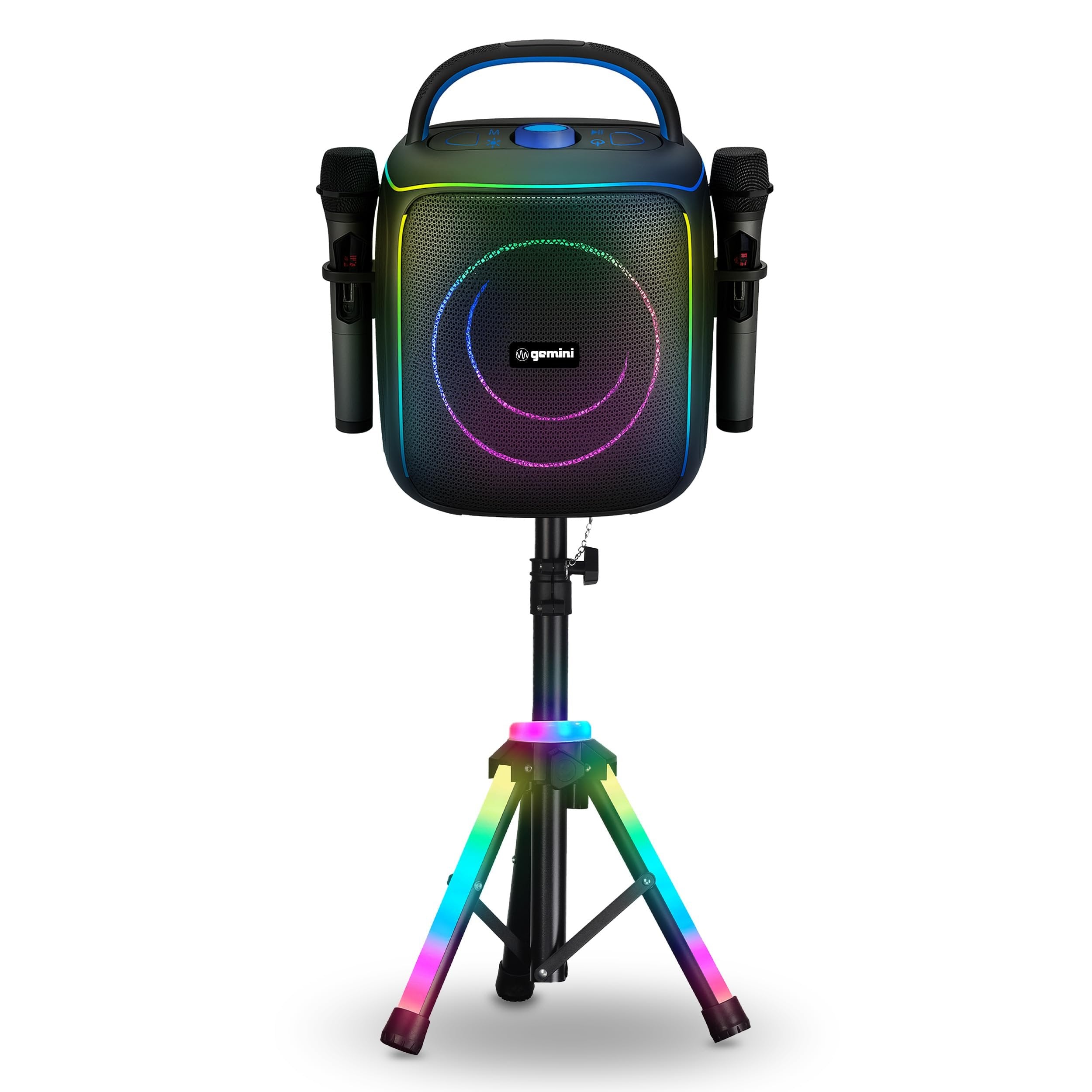 Gemini Sound GPK-200PK rechargeable karaoke speaker system with two wireless microphones and colorful RGB LED tripod stand.