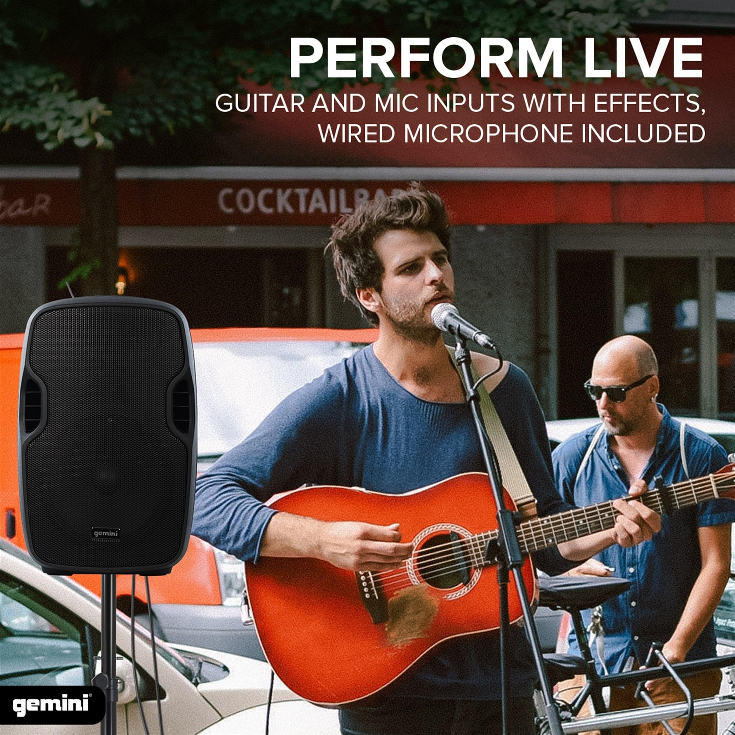 Gemini AS-10TOGO portable Bluetooth speaker with 10-inch woofer, black design, and built-in battery for on-the-go use