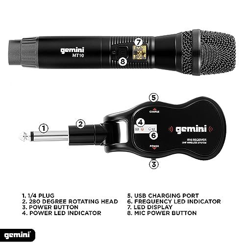 Gemini GMU-M100 rechargeable UHF wireless microphone system with 50-meter range and auto-pairing feature
