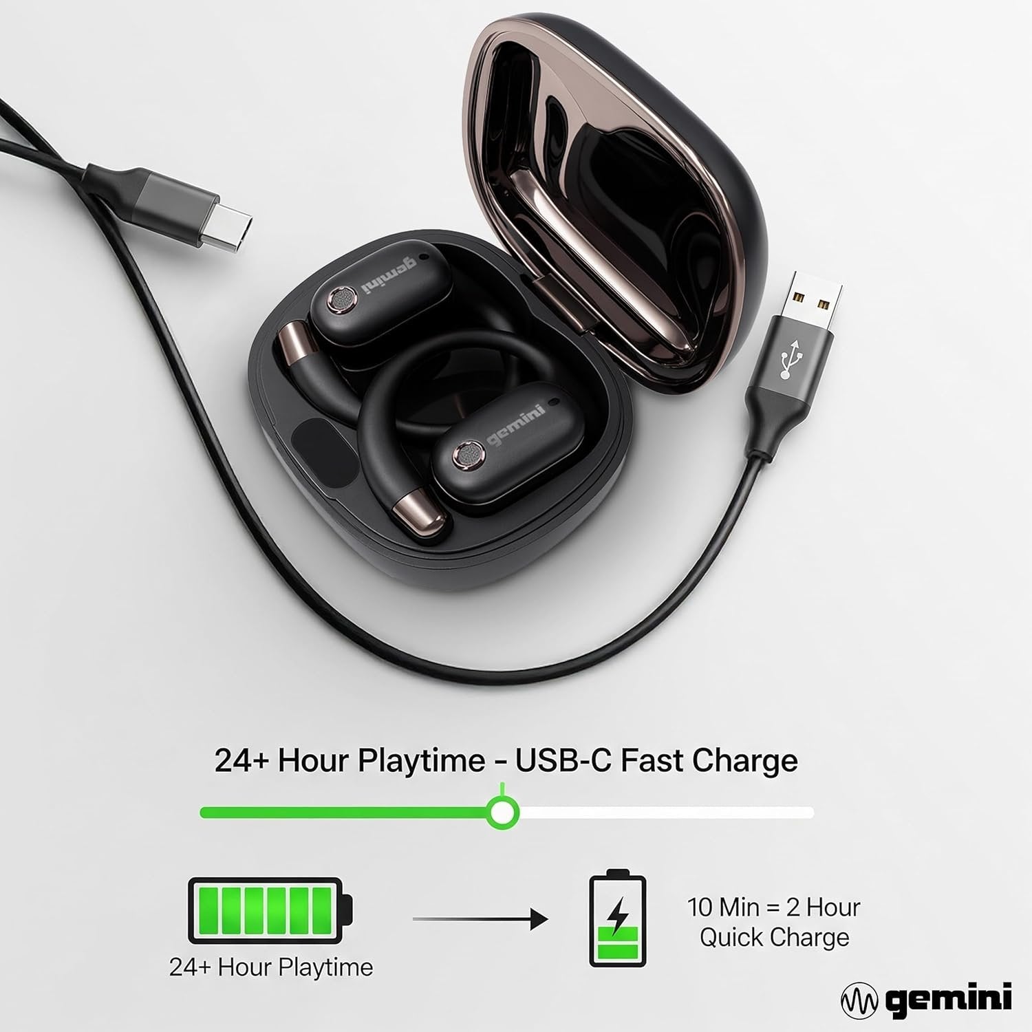 Black GEBX-200 Bluetooth 5.4 sport earbuds with ear hooks and dynamic drivers by Gemini Sound