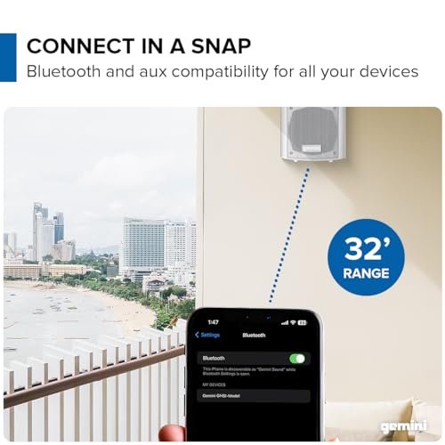 White Gemini outdoor Bluetooth speakers with 4-inch woofer and 0.5-inch tweeter, designed for wall mounting.