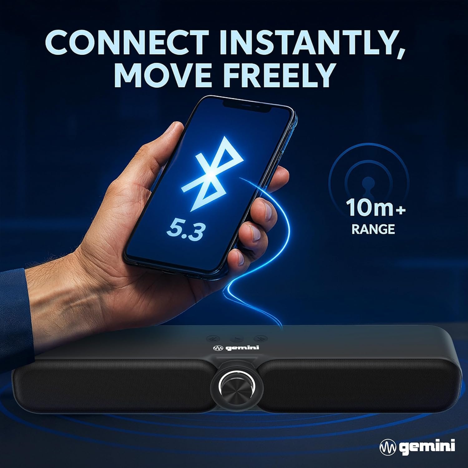 Gemini Sound GSBR-20 portable Bluetooth soundbar in sleek black with 200W power and 3600mAh battery