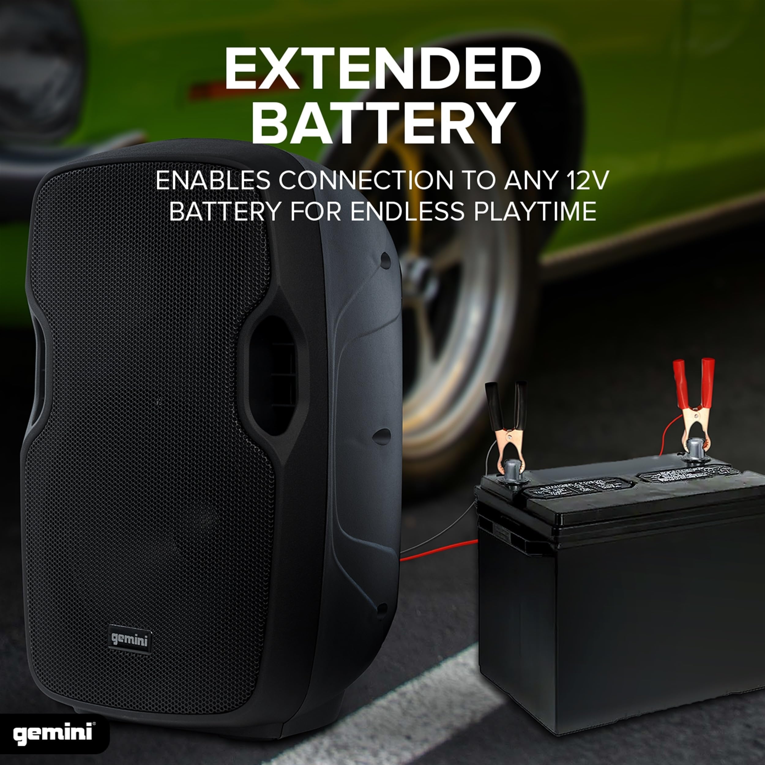 Gemini AS-10TOGO portable Bluetooth speaker with 10-inch woofer and battery, black design for on-the-go use