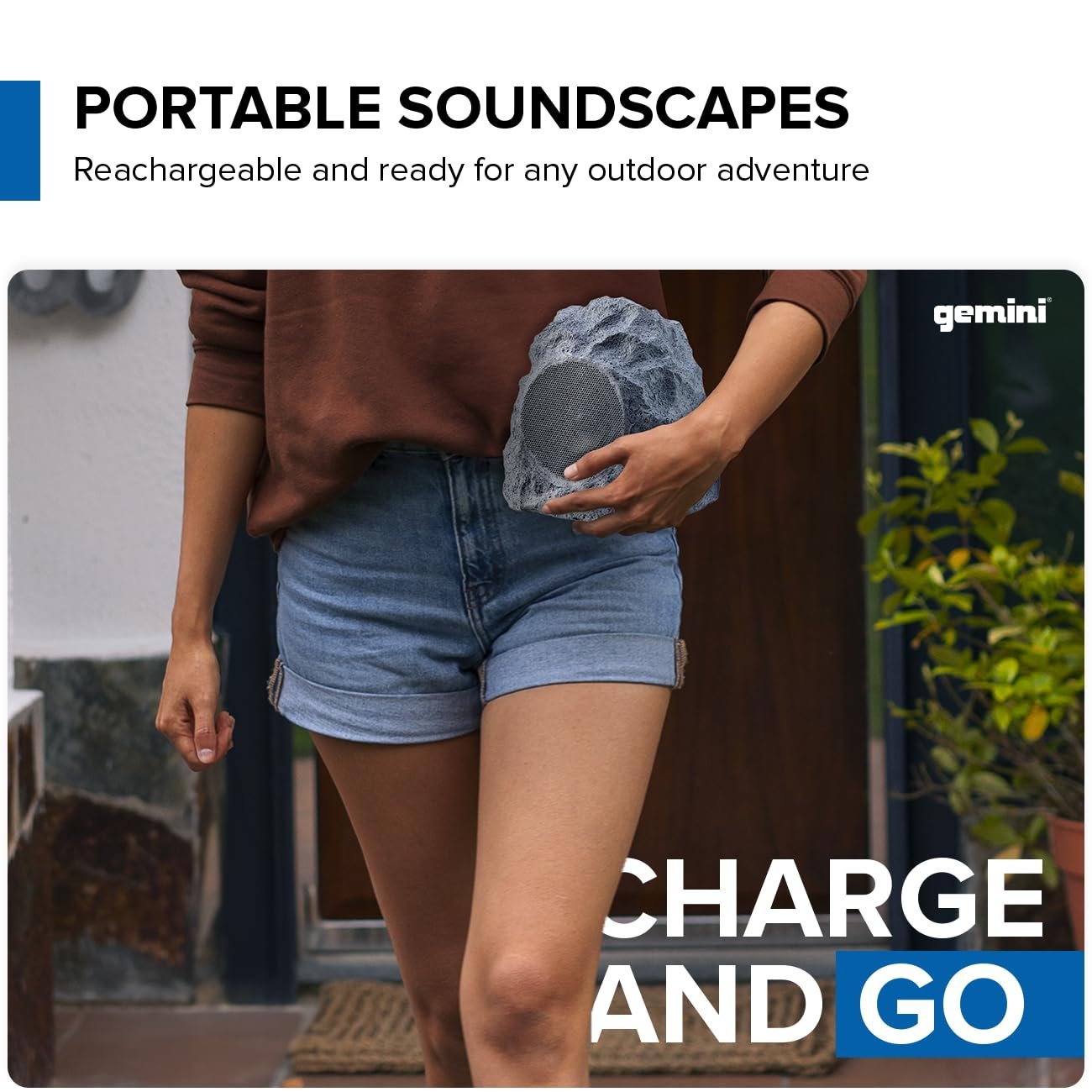 Gemini Sound waterproof rock speakers in natural stone finish, 40W Bluetooth outdoor audio system with 10-hour battery.