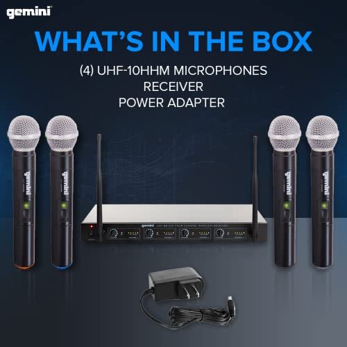 Gemini Sound UHF-04M wireless microphone system with 4 handheld mics and receiver for DJ and karaoke