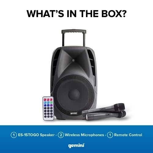 Gemini Sound 15-inch battery-powered PA speaker system with 800W peak power, portable design in black