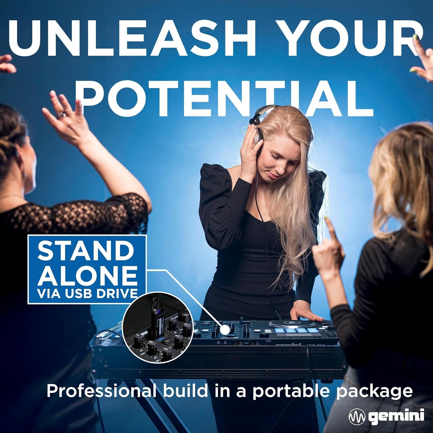 Gemini GMX two-channel portable DJ media player with digital controls and compact design