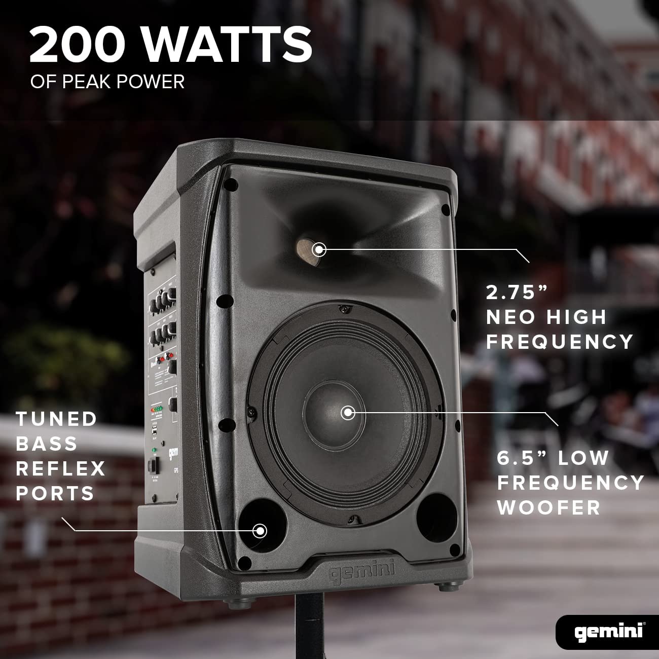 Gemini Sound GPSS-650 portable 200W Bluetooth PA speaker with 12-hour battery, black design