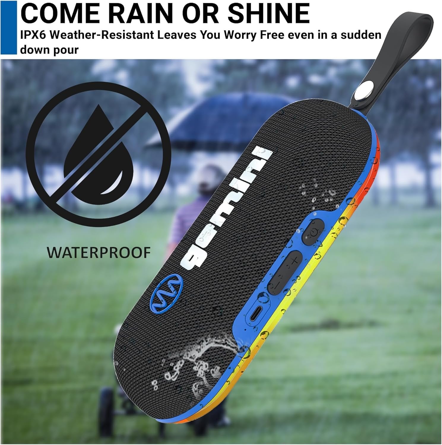 Gemini Sound portable Bluetooth speaker in black with LED lights, IPX6 waterproof rating, and 12-hour battery life