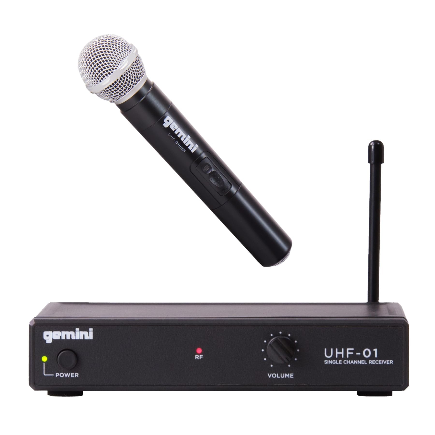 Gemini UHF-01M wireless microphone system with multi-frequency options and sleek black design