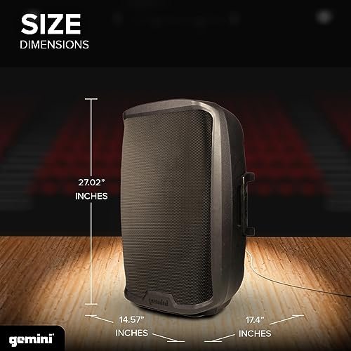 Gemini Sound 15-inch Bluetooth PA speaker with stand, 2000W power, and durable ABS cabinet in black