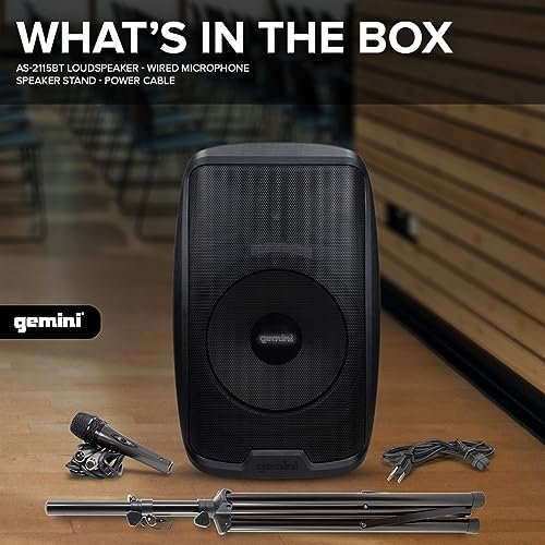 Gemini Sound 15-inch Bluetooth PA speaker with stand, 2000W power, ABS cabinet, and 30-foot Bluetooth range
