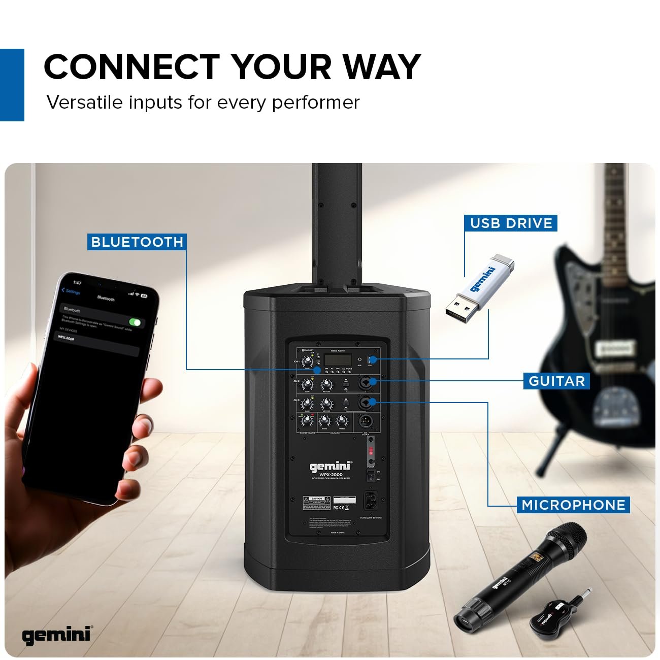 Gemini Sound WPX-2000 Portable Line Array PA Speaker, 1200W, featuring adjustable height and 8-inch subwoofer.