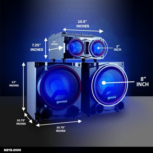 Gemini Sound GSYS-2000 2000W dual 8-inch stereo system with LED lighting and Bluetooth connectivity
