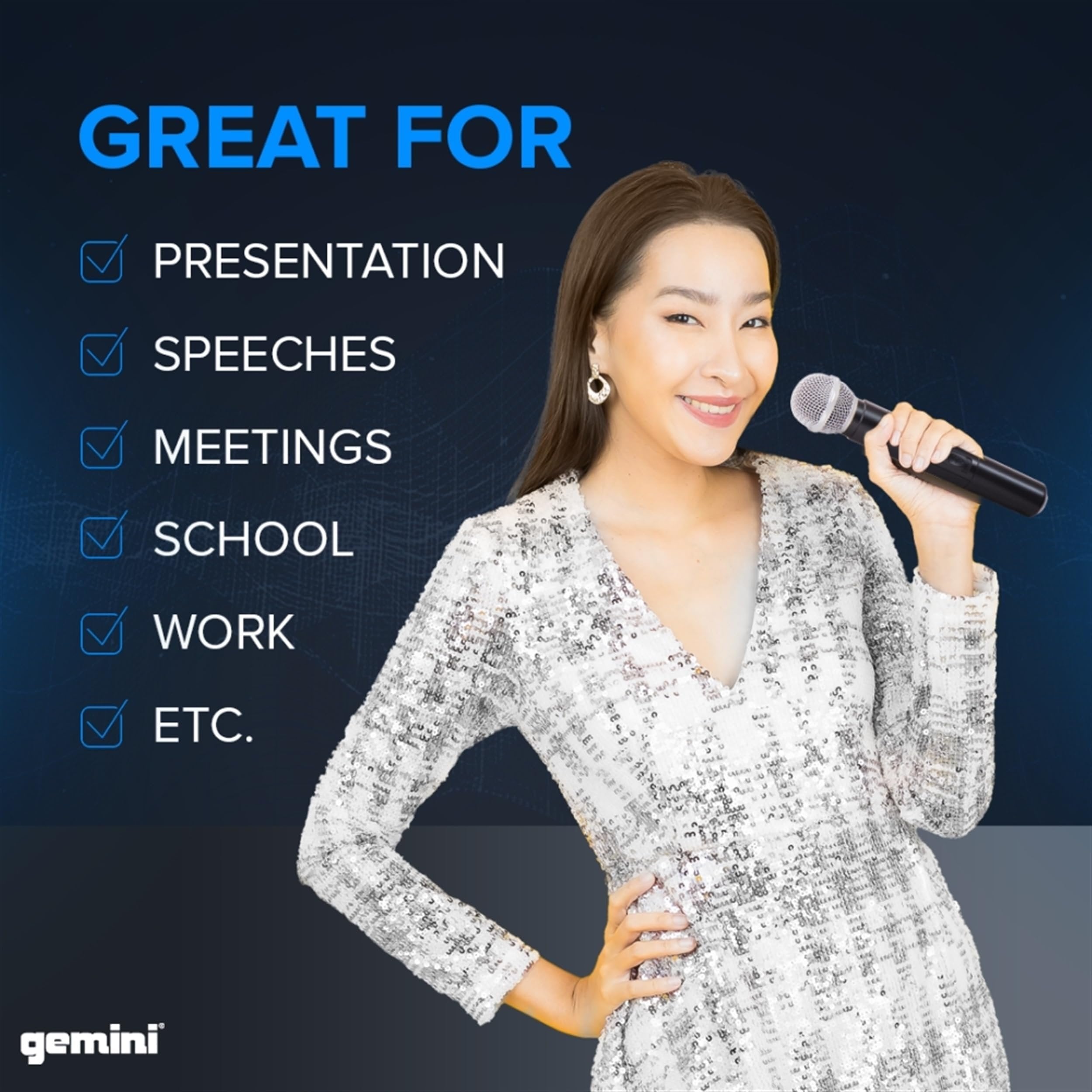 Gemini UHF-02M/HL wireless handheld microphone system with multi-frequency options, sleek black design