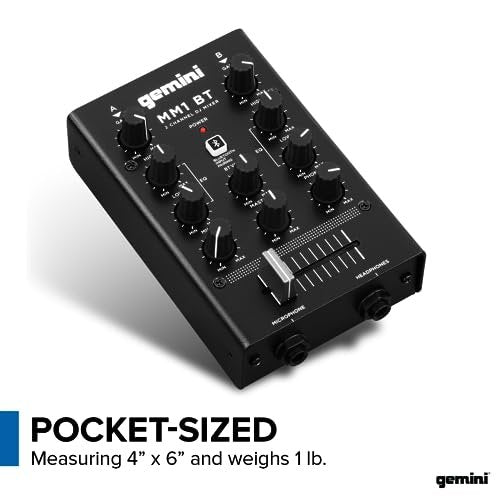 Gemini Sound MM1BT 2-channel DJ mixer with Bluetooth streaming, featuring analog controls and a sleek black design