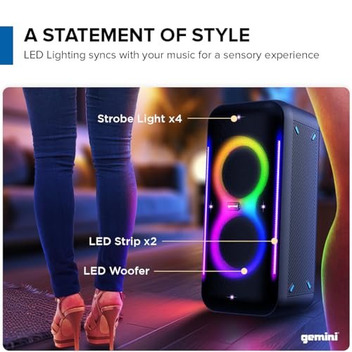 Gemini Sound GRV-2650L Bluetooth party speaker with dual subwoofers, 400W power, and vibrant LED lights.