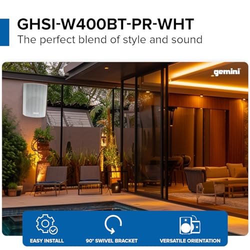 Gemini Sound white waterproof outdoor Bluetooth speakers with 4-inch woofer and 0.5-inch tweeter, wall mountable.