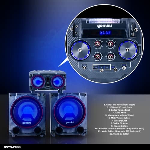 Gemini Sound GSYS-2000 dual 8-inch stereo system with LED lighting and Bluetooth connectivity, 2000W power.
