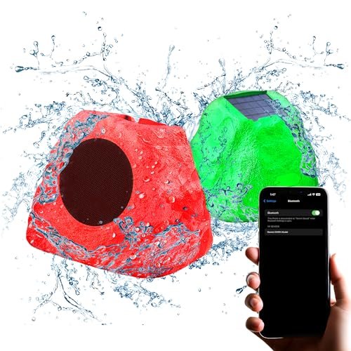 Gemini Sound solar Bluetooth rock speaker, waterproof IPX5, with LED lights and 5-inch drivers for outdoor use.