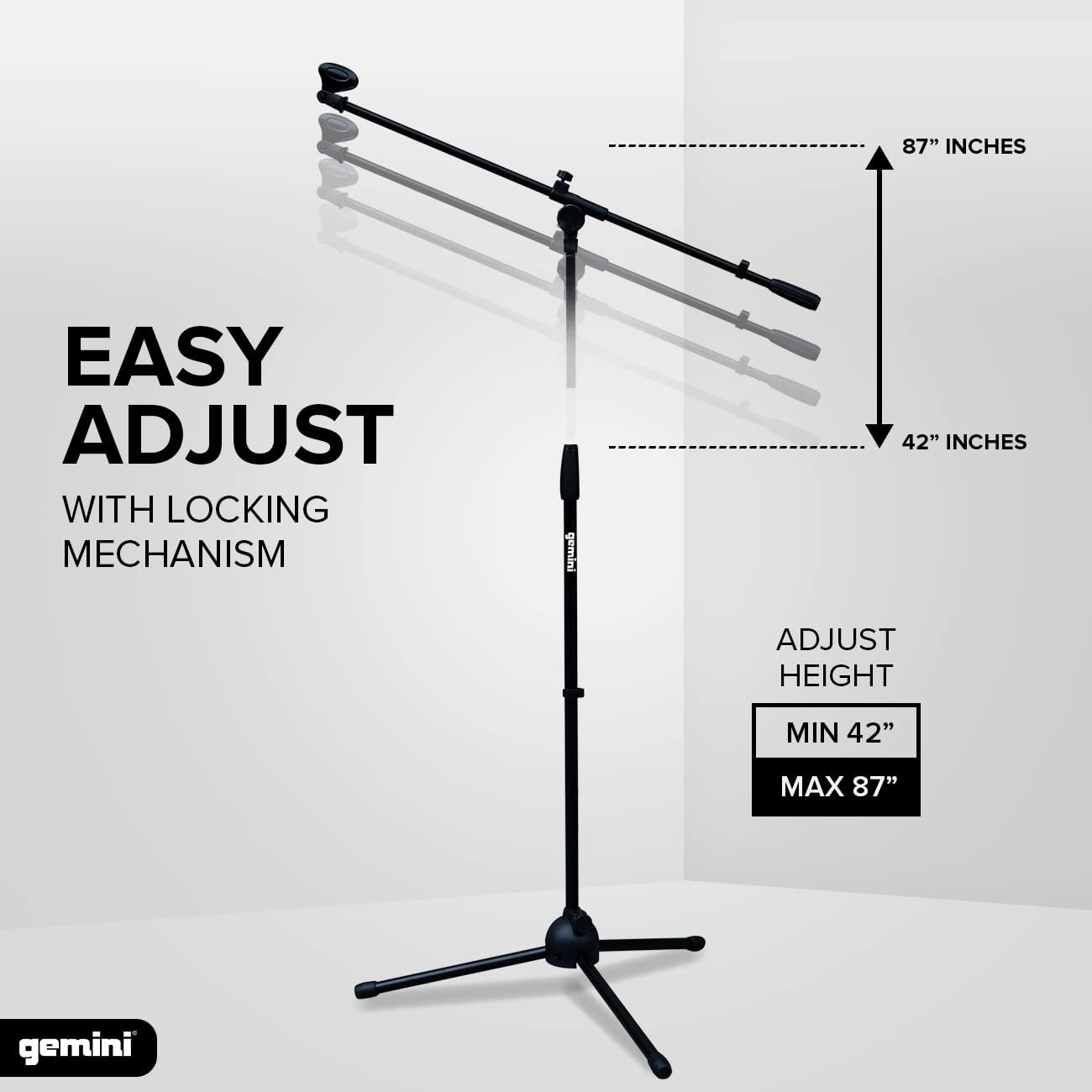 Gemini Sound MBST-01 adjustable height microphone stand in black, designed for durability and compatibility with boom stands