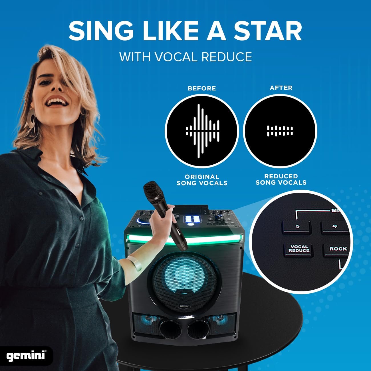 Gemini Sound GPK-800 karaoke speaker system with 2400W power, 8-inch woofer, and colorful LED lights.