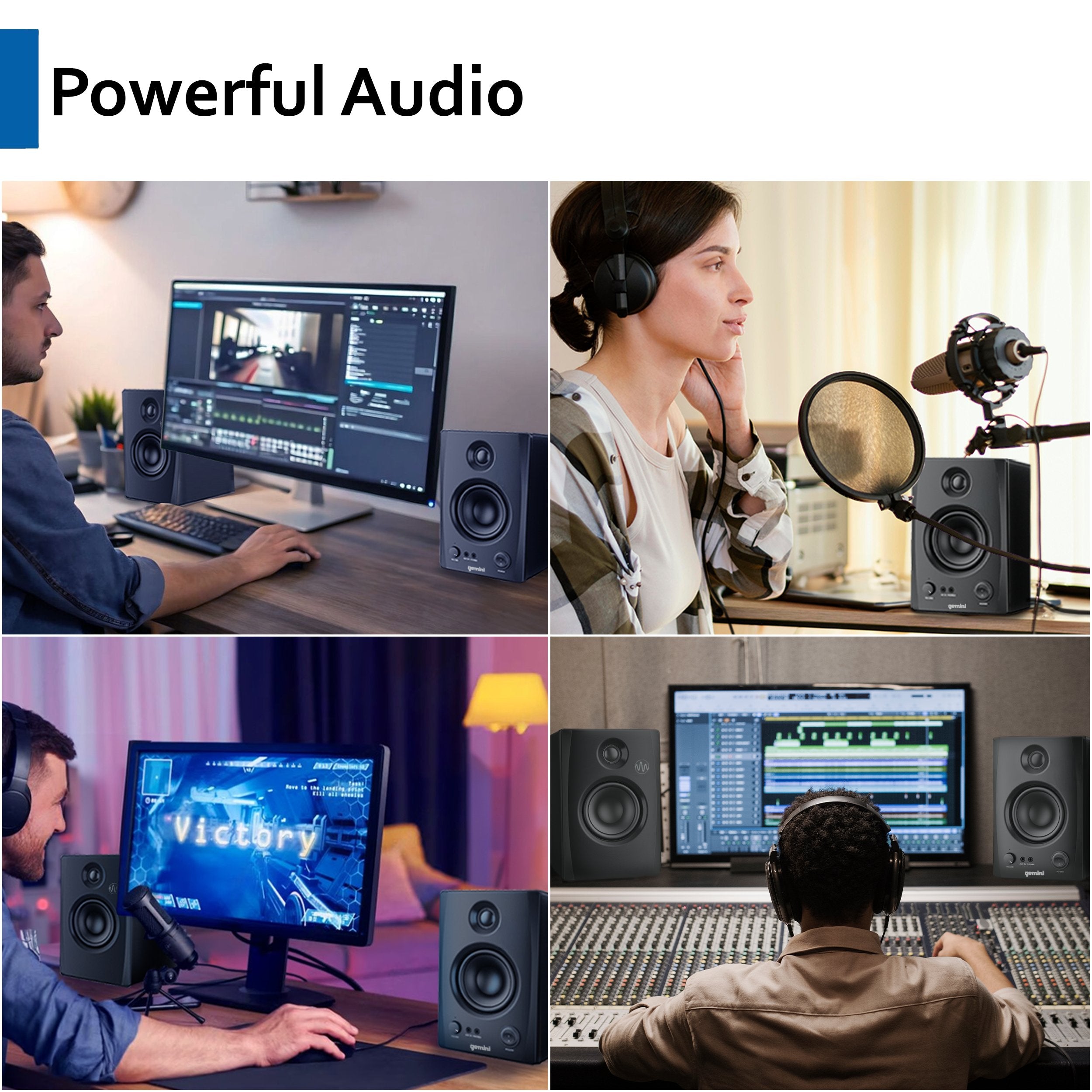 Wooden bookshelf speakers with 0.75-inch tweeters, 3.5-inch woofers, and acoustic tuning knobs by Gemini Sound