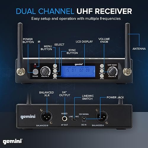 Gemini Sound UHF-6200M lightweight wireless microphone system with black body and antenna, 240ft range