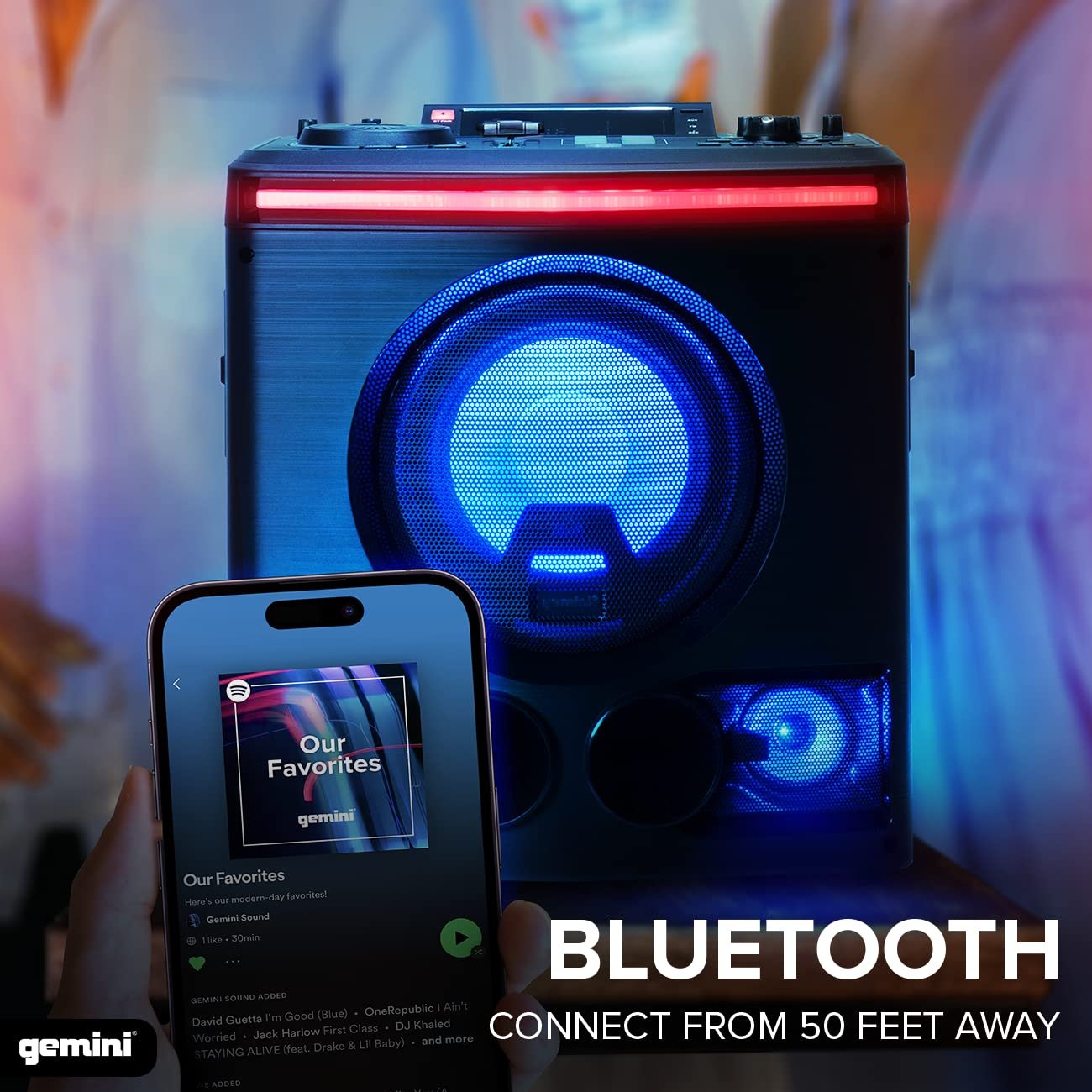Gemini Sound GPK-800 karaoke speaker system with 2400W power, 8-inch woofer, and LED lights in a sleek black design