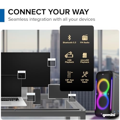 Gemini Sound GRV-2650L Bluetooth party speaker in black with vibrant LED lights and dual 400W sound system