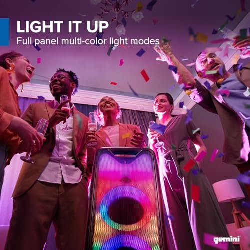Gemini Sound GLS-550 portable Bluetooth speaker with dual woofers and colorful LED lights, 800W power.