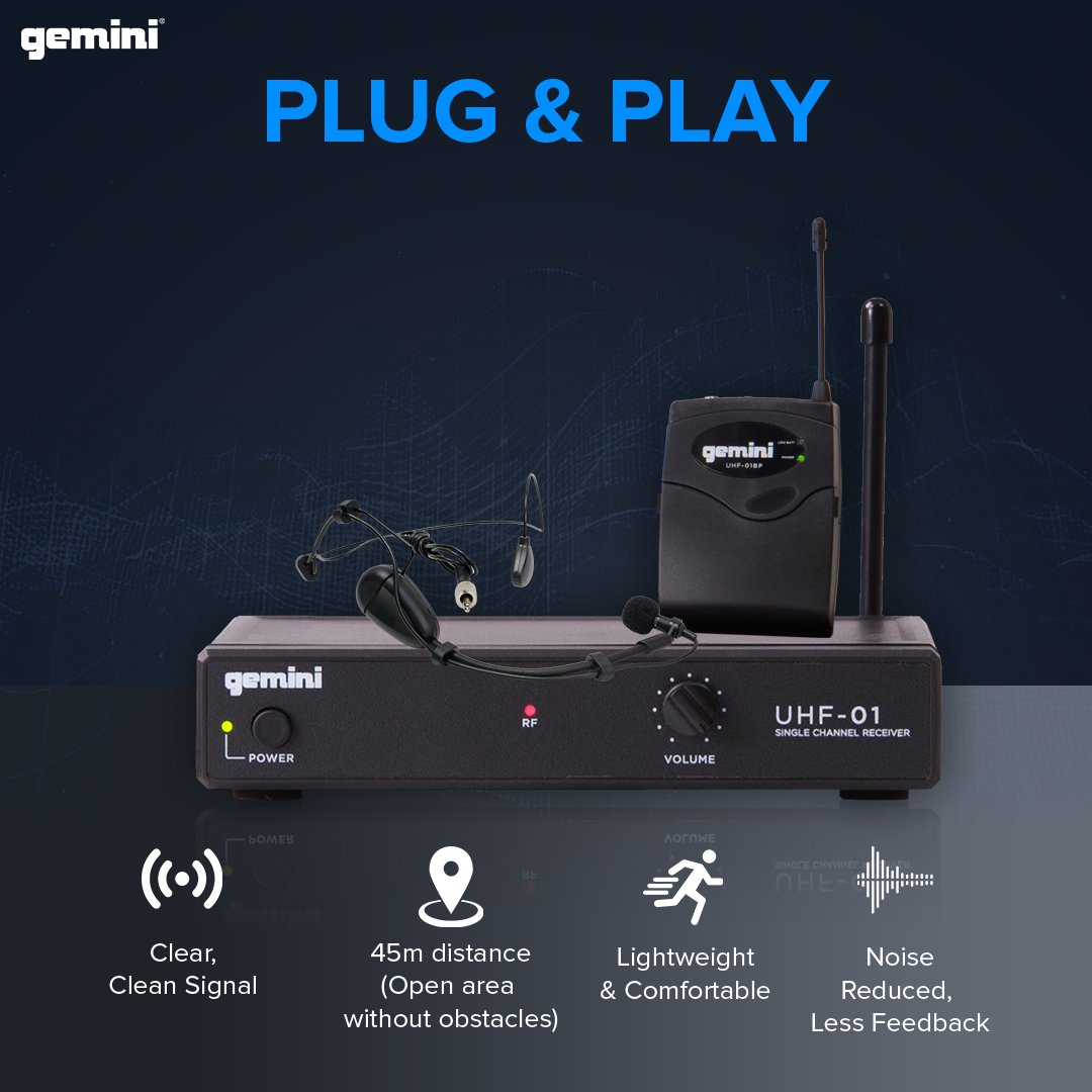 Gemini UHF-01HL wireless microphone system with multi-frequency options, sleek black design, ideal for conferences and event