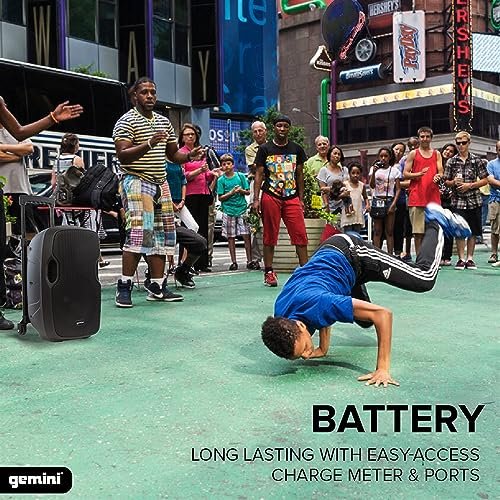 Gemini AS-12TOGO portable Bluetooth speaker with 12-inch woofer and battery, featuring a rugged black design.