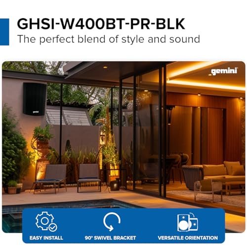 Black waterproof outdoor Bluetooth speakers with 4-inch woofers and adjustable mount brackets by Gemini Sound