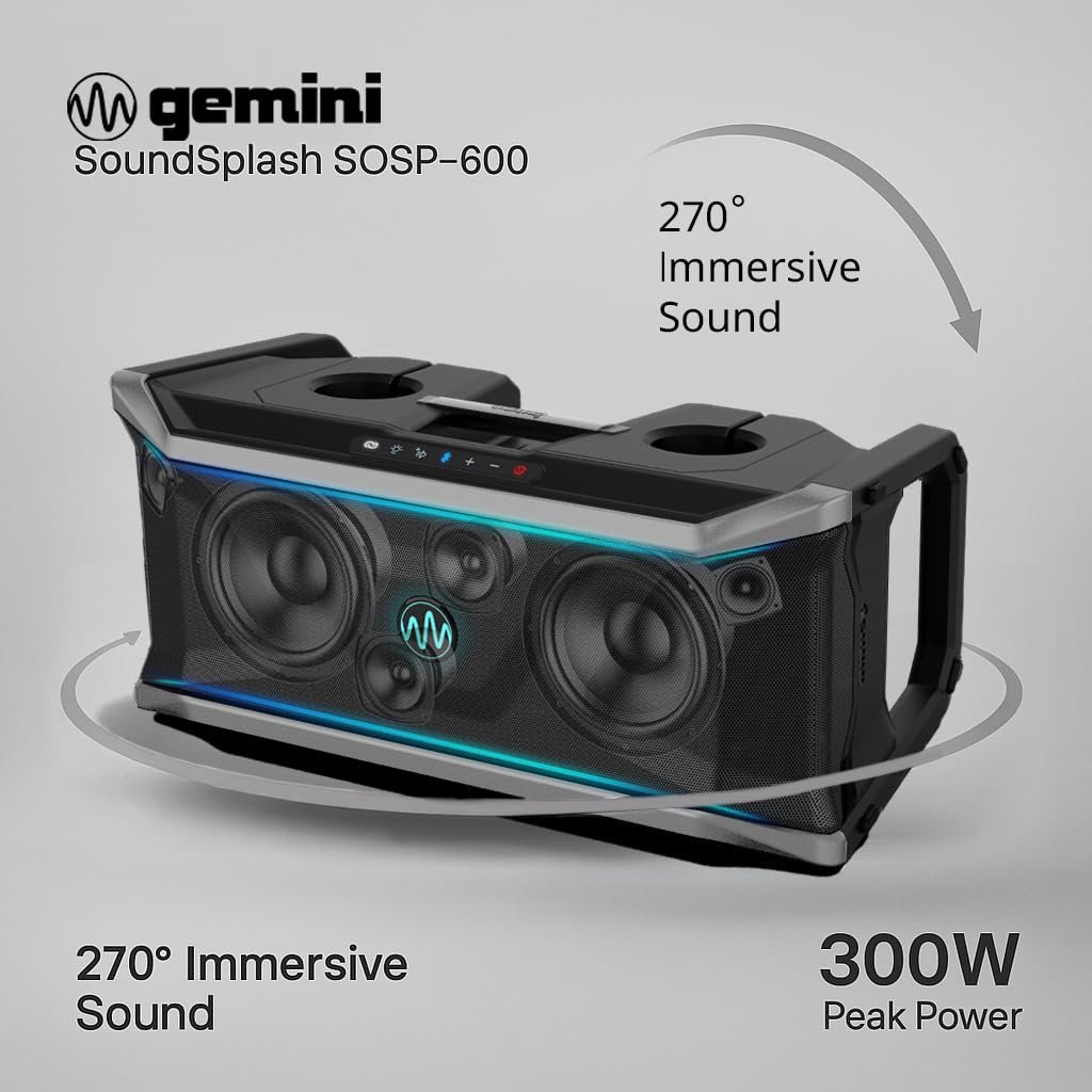 Silver Gemini SOSP-600 waterproof Bluetooth speaker with 300W power and 24-hour battery life