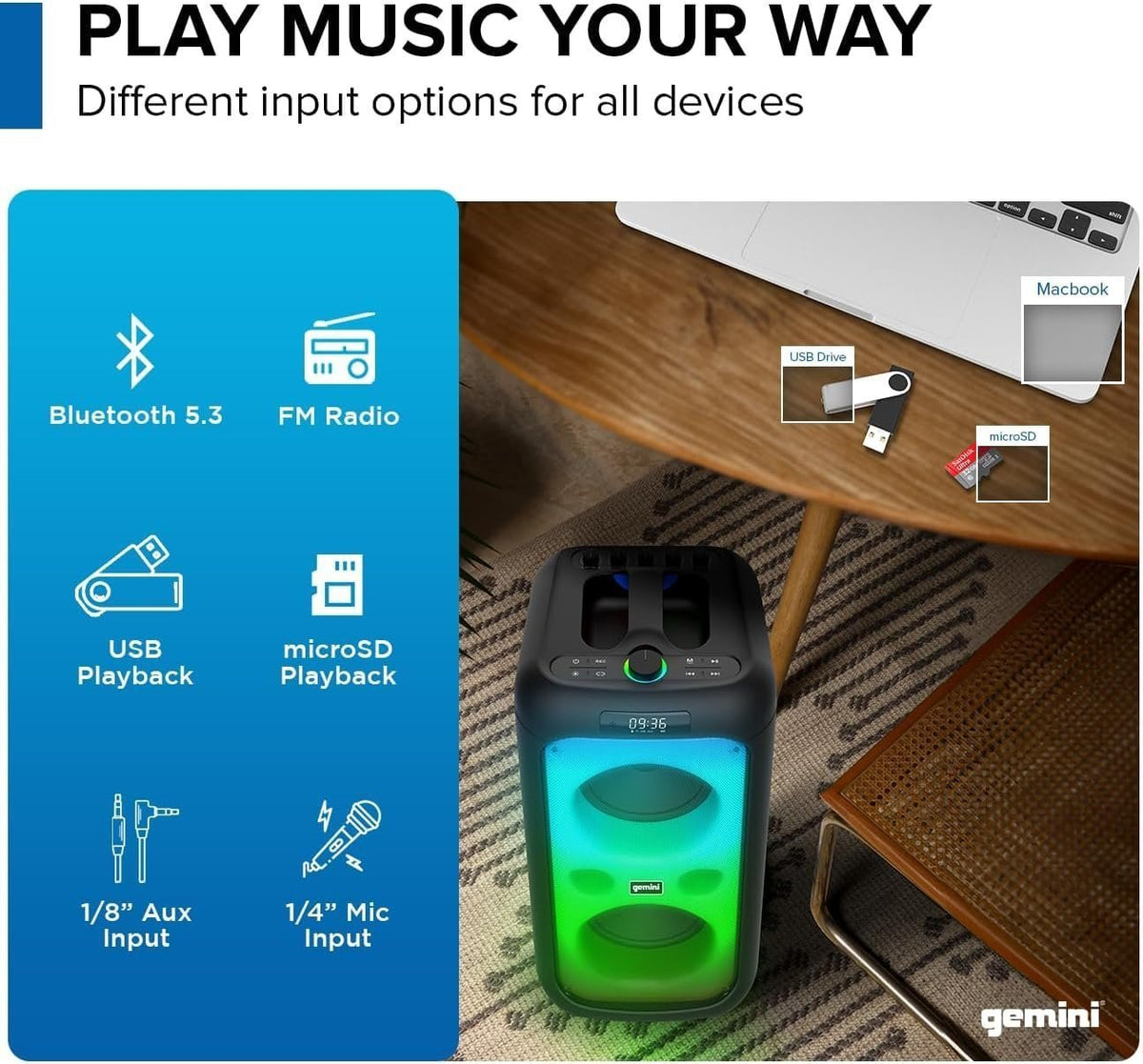 Gemini Sound karaoke speaker system, Bluetooth, wireless mics (GGO-2650L) — refurbished