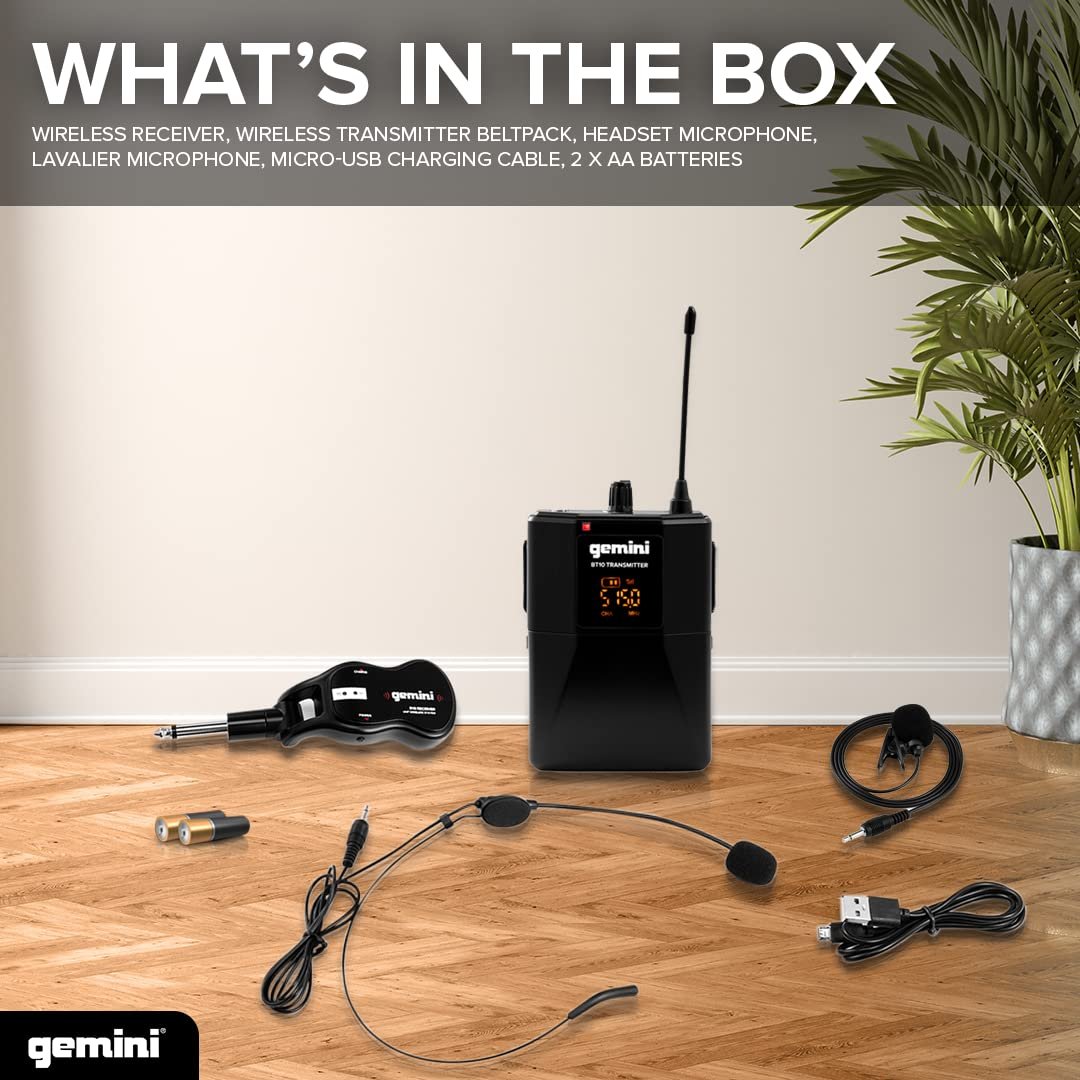 Gemini GMU-HSL100 UHF wireless microphone system with dual mics and bodypack, 50-meter range