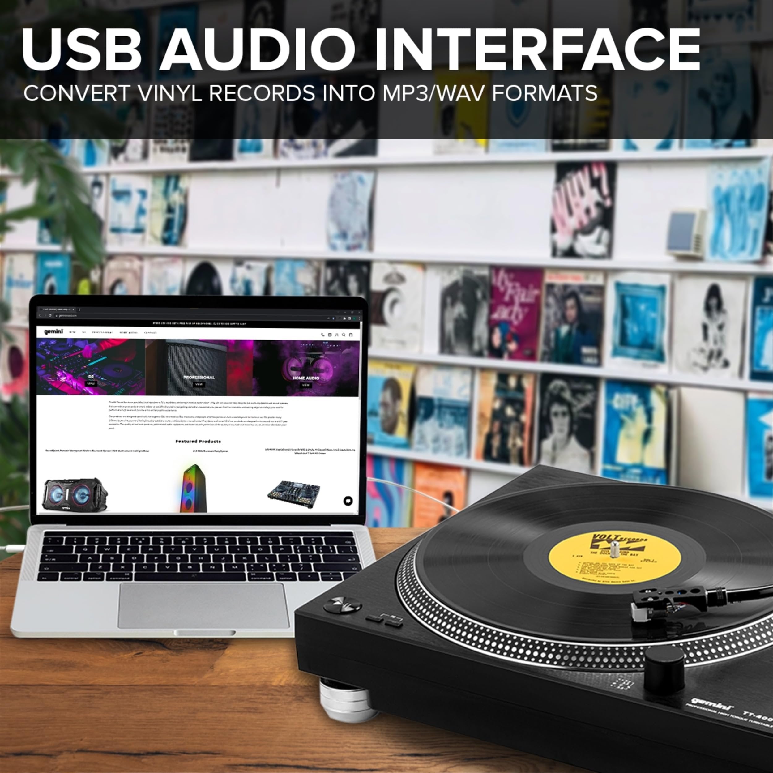 Gemini TT-4000 black DJ turntable with aluminum platter, high torque direct drive, and anti-skate feature