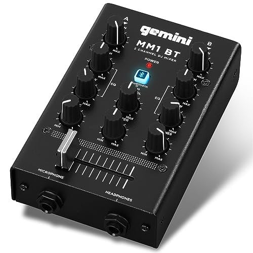 Gemini Sound MM1BT 2-channel DJ mixer with Bluetooth, featuring analog controls and a sleek black design