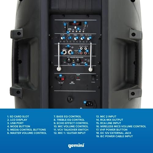 Gemini Sound 15-inch battery powered PA speaker system with 800W peak power, portable design, and black finish