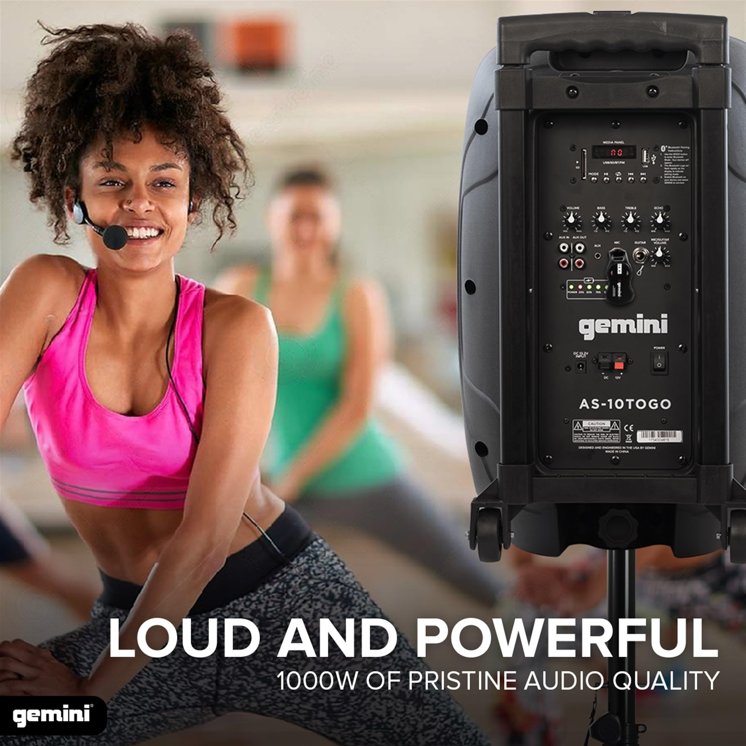 Gemini AS-10TOGO portable Bluetooth speaker with 10-inch woofer, black casing, and built-in battery