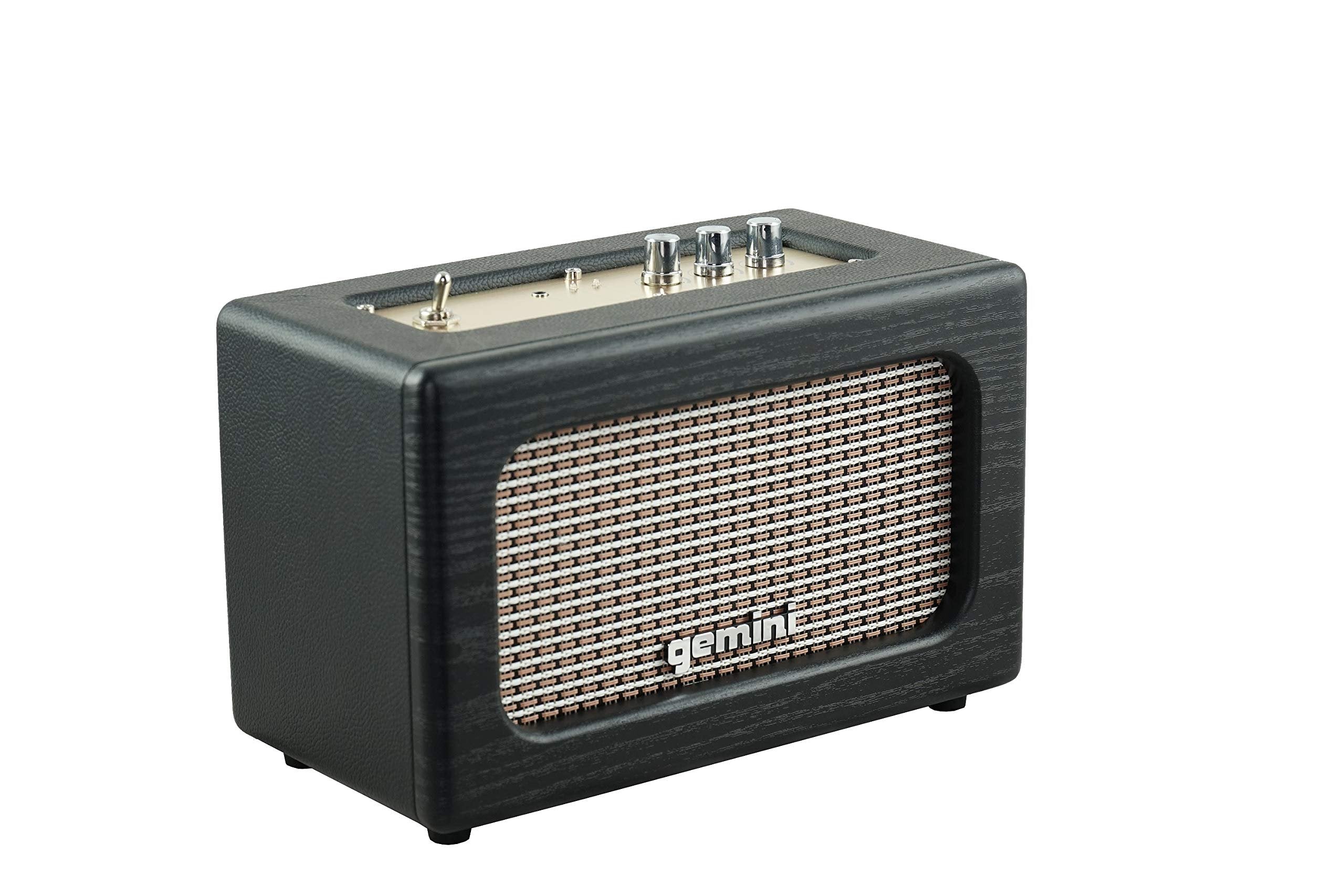 Gemini Sound GTR-100 vintage Bluetooth speaker in wood finish with analog controls and aux input