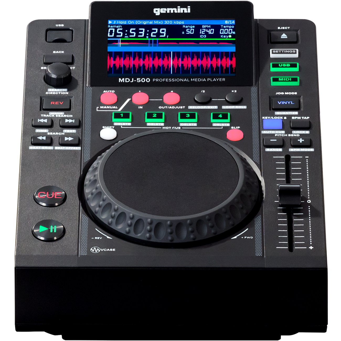 Gemini MDJ-500 compact DJ media player with a sleek black design and intuitive control layout