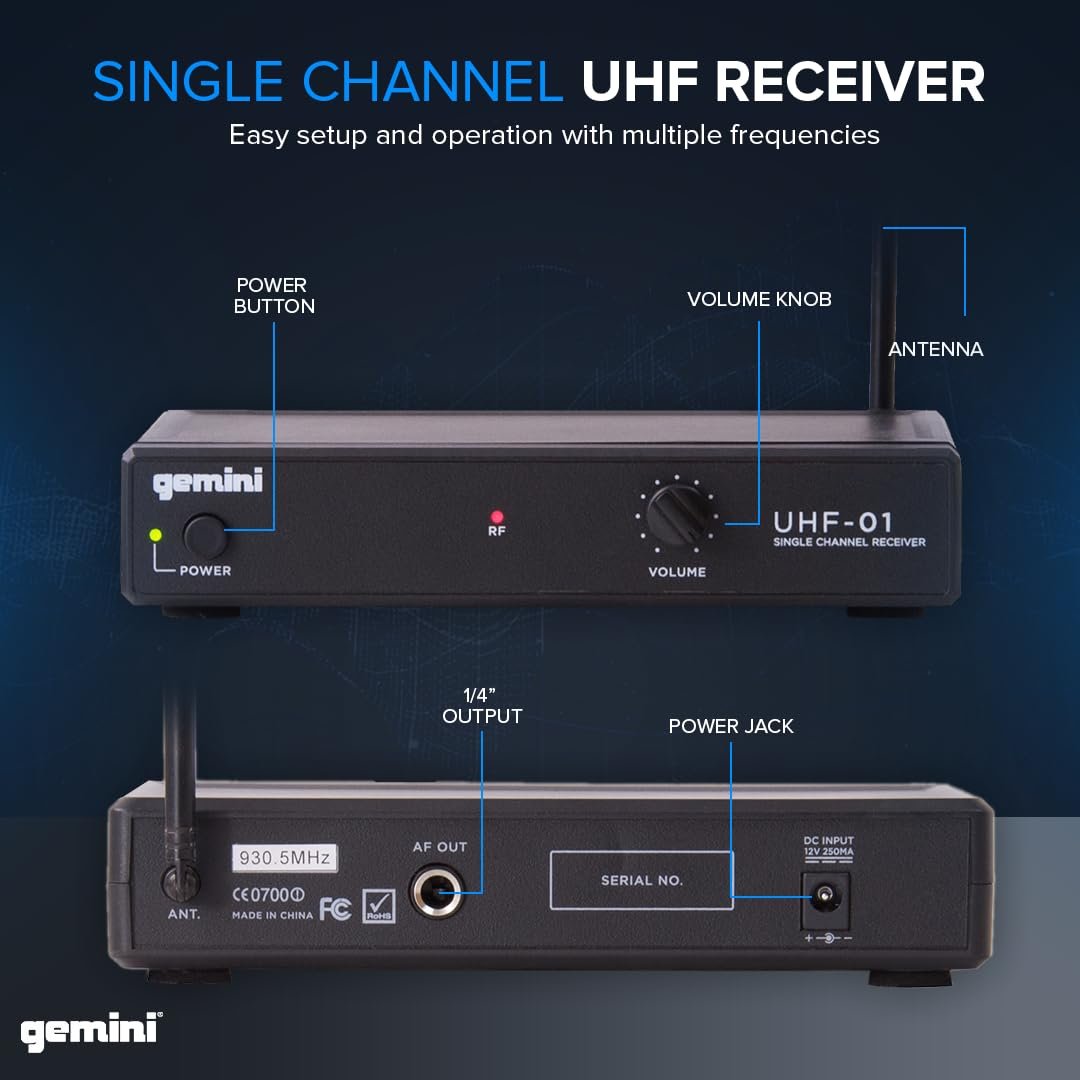 Gemini UHF-01M wireless microphone system with multi-frequency options, ideal for entertainers and broadcasts.