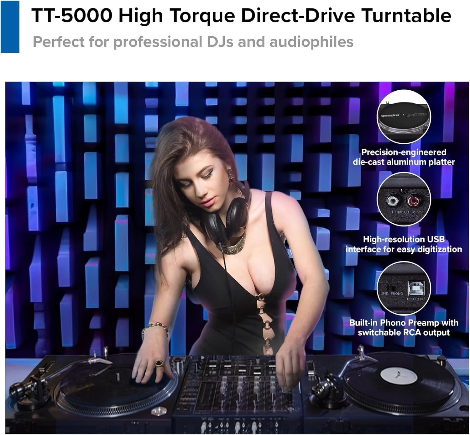 Gemini TT-5000 black professional direct-drive turntable with aluminum platter and USB recording capability.