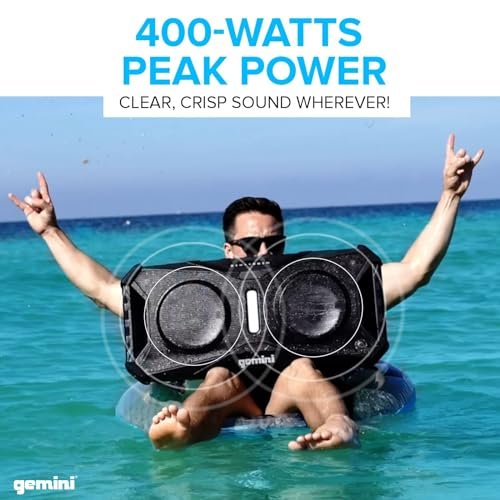 Black waterproof Bluetooth speaker with dual 8-inch woofers, 400W power, designed for pool use by Gemini Sound