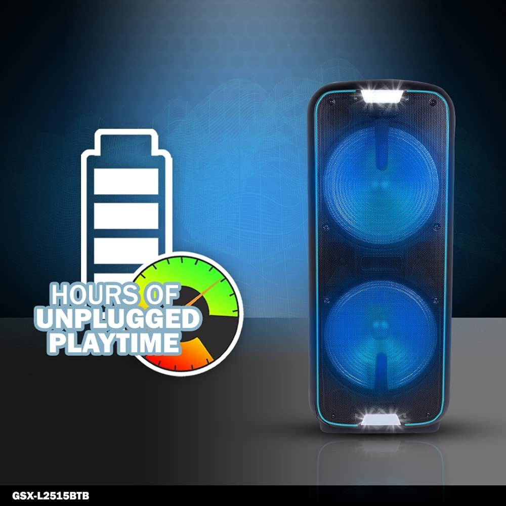 Gemini Sound dual 15-inch Bluetooth party speaker with LED lights, 2000W power, and AUX input.